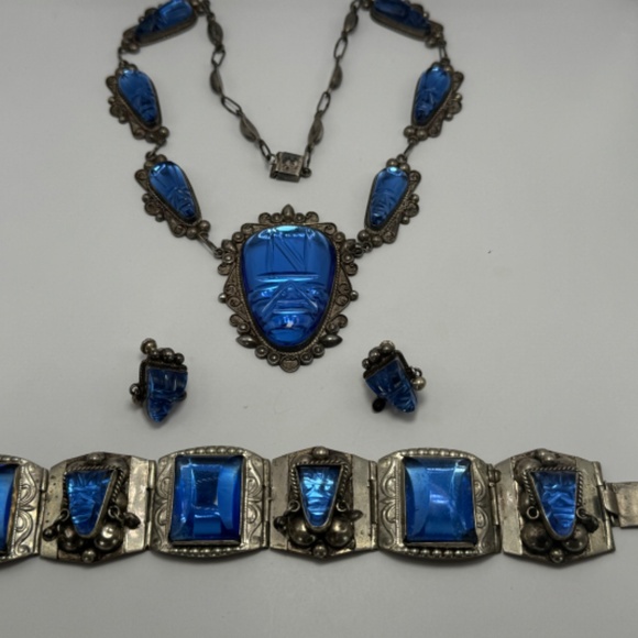 RARE (Entire Full Set) 1960s Taxco Sterling Silver and Blue Glass Jewelry Marked - Picture 2 of 15
